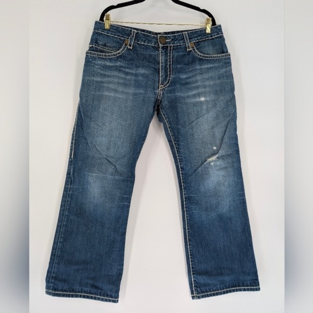 Robin's Jean Mens 34 Straight Leg Thick Stitch Blue Distressed Denim‎ Jeans USA